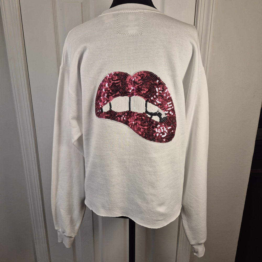 Unemployed Denim White Sequin Lips Oversized Crewneck Sweatshirt M Graphic Y2K